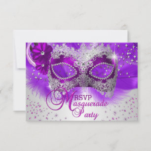 Kanten Masker Paars Zilver Masquerade RSVP Kaartje