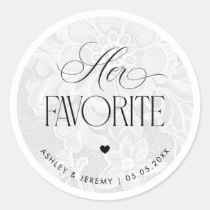 Kanten witte trouwfavor met 'Haar favoriet'-opschr Ronde Sticker