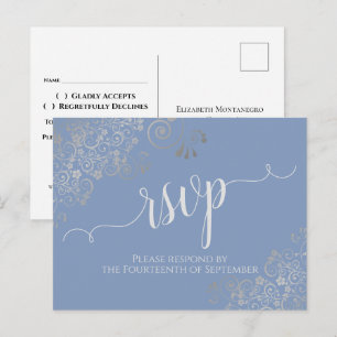 Kanten Zilver Calligrafie Lichtblauw Huwelijks RSV Briefkaart