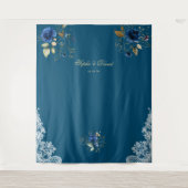 Kantwerk Blauwe Bloemen Gouden Bruiloft Decoratie Wandkleed (Voorkant)