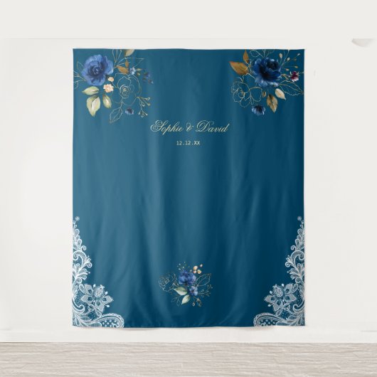 Kantwerk Blauwe Bloemen Gouden Bruiloft Decoratie Wandkleed (Voorkant)