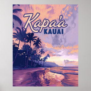 Kapaa Kauai Hawaii Beach Sunset Palm Tree Retro Poster