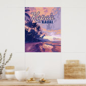 Kapaa Kauai Hawaii Beach Sunset Palm Tree Retro Poster (Keuken)