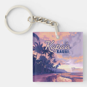 Kapaa Kauai Hawaii Beach Sunset Palm Tree Retro Sleutelhanger