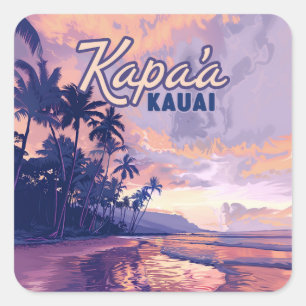 Kapaa Kauai Hawaii Beach Sunset Palm Tree Retro Vierkante Sticker