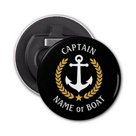 Kapitein Boat Name Anchor Gold Style Laurel Black Button Flesopener (Voorkant)