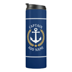 Kapitein Boat Name Anchor Gold Style Laurel Navy Thermosbeker