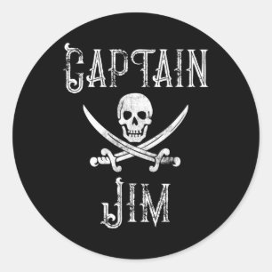 Kapitein Jim gepersonaliseerde Pirate Skull Boat Ronde Sticker