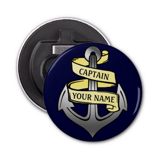 kapitein Jouw naam Anchor Button Flesopener (Voorkant)