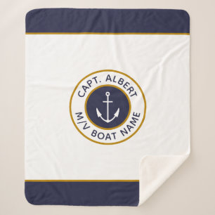 Kapitein Jouw naam White Blue Anchor Sherpa Blanke Deken