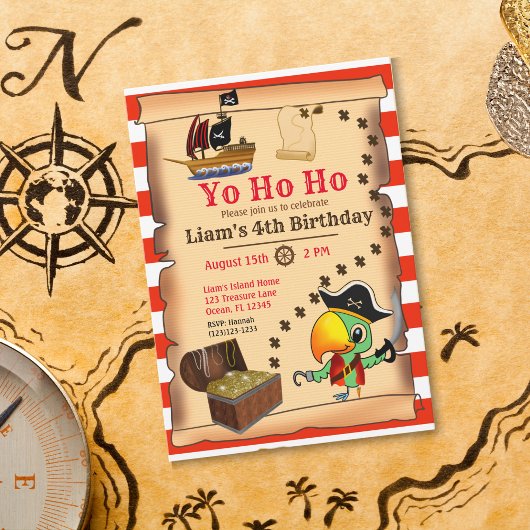 Kapitein Parrot Treasure Pirate Boy's Birthday Inv Kaart