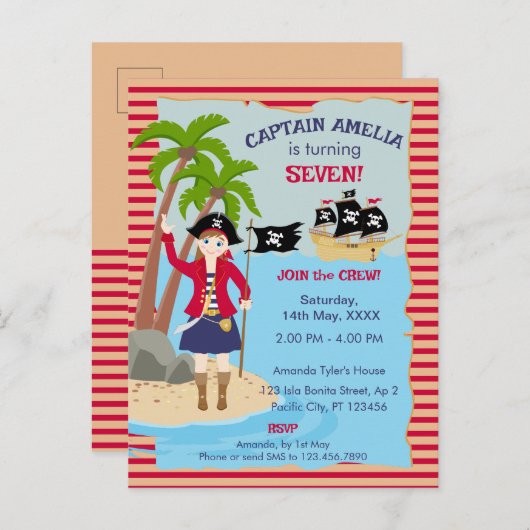 Kapitein van het Pirate Ship Verjaardagsfeest Uitnodiging Briefkaart (Voorkant / Achterkant)