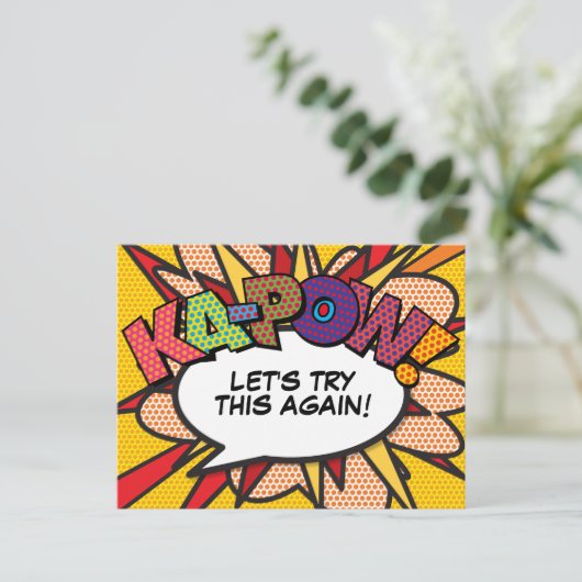 KAPOW uitgesteld verandering van datum stripboek P Aankondigingskaart (Staand voorkant)