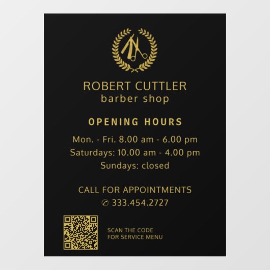 Kapperszaak openingstijden goud zwart logo QR CODE Raamsticker (Vel)