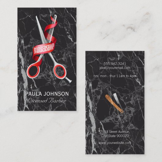 Kapperszaak | Zwart Marmeren Zakelijke Visitekaart Visitekaartje (Voorkant / Achterkant)