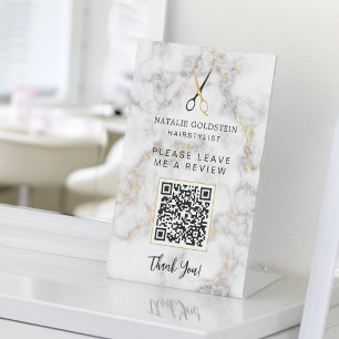 Kapsalon Marmer Zwart Goud Schaar QR Review  Reclamebord Met Voetstuk