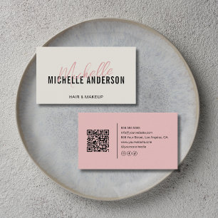 Kapsalon Moderne Neutrale en Roze QR Code Visitekaartje