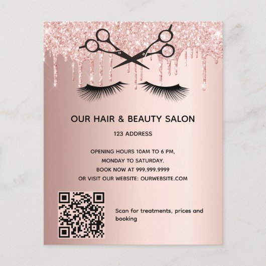 Kapsalon roze goud glitters QR-code Flyer (Voorkant)