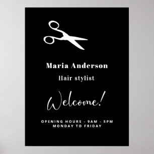 Kapsalon zwart wit openingstijden welkom poster