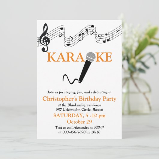 Karaoke Feest Muzikale Toonladder Microfoon Oranje Kaart (Staand voorkant)