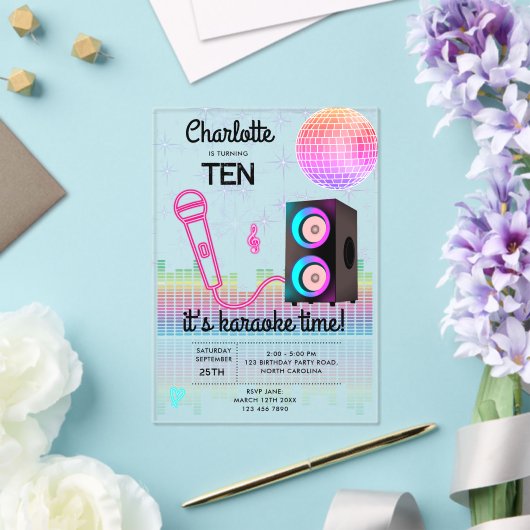 Karaoke Neon Glow Singing Disco Party Birthday Acryl Uitnodigingen (Insitu (Huwelijk))
