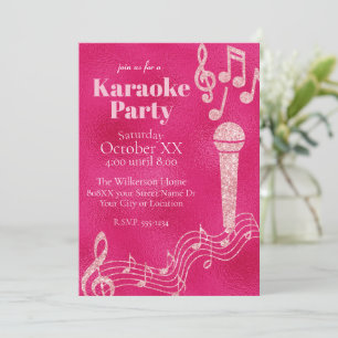 Karaoke Party Hot Pink Glitter Muzieknoten Kaart