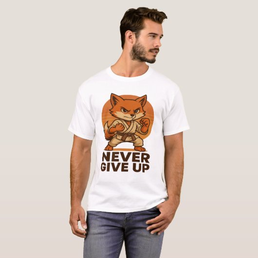 Karate Fox - Never Give Up Motivational japanese T-shirt (Voorkant volledig)
