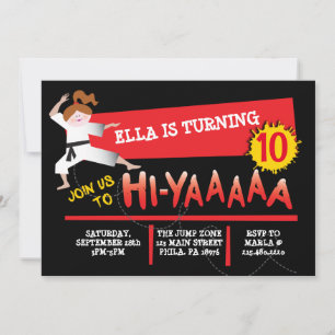 Karate Girl Kick Red Birthday Party Kaart