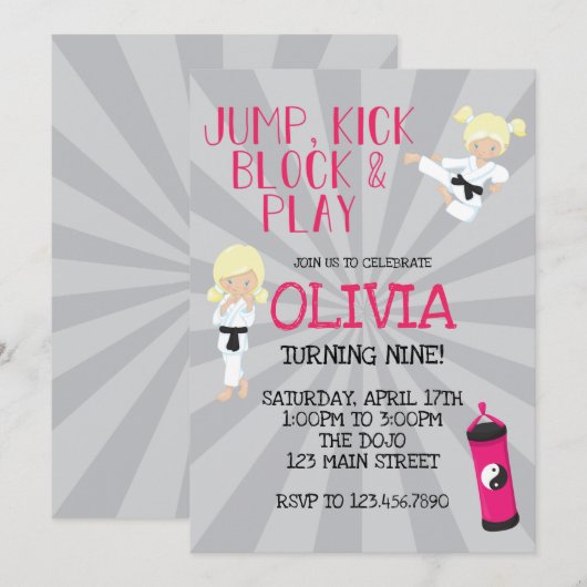 Karate Girl Pink Martial Arts Invitation Anniversa (Devant / Derrière)