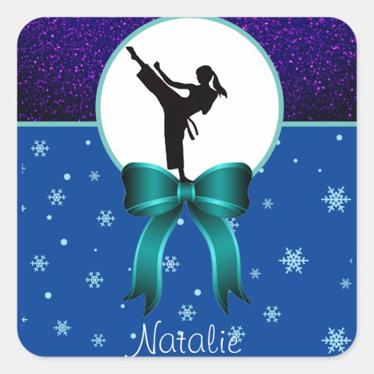 Karate Girls Glitter en Bow Snowflake Vierkante Sticker (Voorkant)