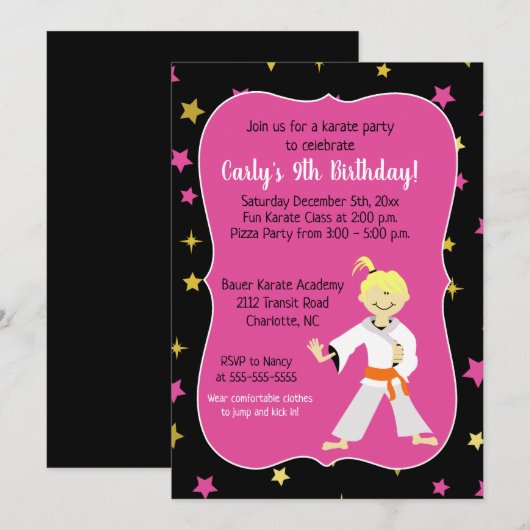 Karate Invitations Anniversaire Orange Belt Girl (Devant / Derrière)