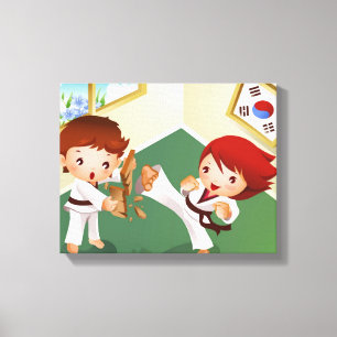 Karate jongen houdt hout vast met een ander brein canvas afdruk