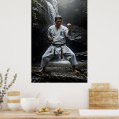Karate Master Performing Kata Under Waterfall Poster (Keuken)