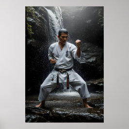 Karate Master Performing Kata Under Waterfall Poster
