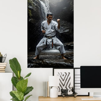 Karate Meester die Kata uitvoert onder waterval Poster