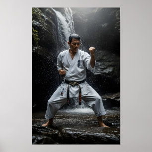 Karate Meester die Kata uitvoert onder waterval Poster