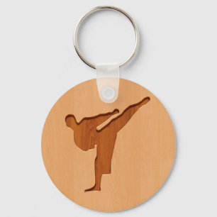 Karate silhouette gegraveerd op houtwaren sleutelhanger