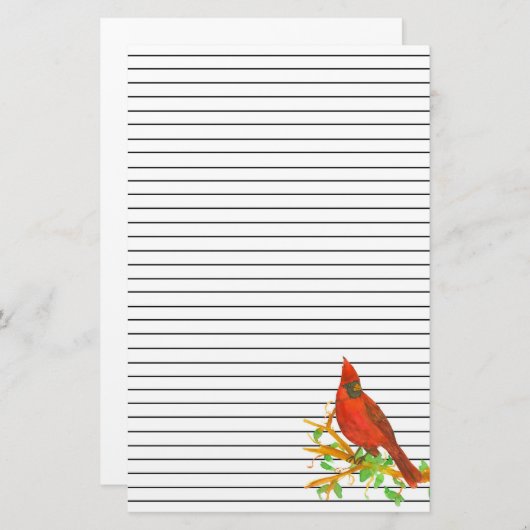Kardinaal Bird Waterverf Black Lined Briefpapier (Voorkant / Achterkant)