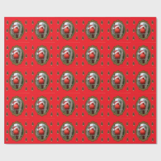Kardinaal- en kerstbomen op rode achtergrond cadeaupapier (Vlak)