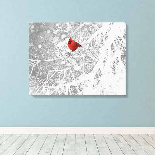 Kardinaal in de winter canvas afdruk (Insitu (Houten vloer))
