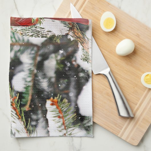 Kardinaal in een dennenboom theedoek (Quarter Fold)