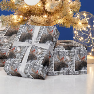 Kardinaal in kerst-rood op besneeuwde elandengewei cadeaupapier