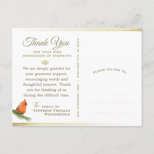 Kardinaal in Spruce Sympathie Dank Briefkaart (Achterkant)