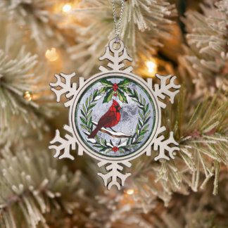 Kardinaal met Mistletoe Krans gebrandschilderd-gla Tin Sneeuwvlok Ornament