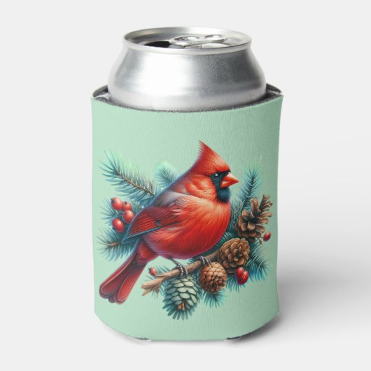 Kardinaal op dennentak met winterbessen blikjeskoeler (Blikje Voorkant)