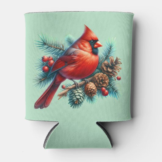 Kardinaal op dennentak met winterbessen blikjeskoeler (Voorkant)