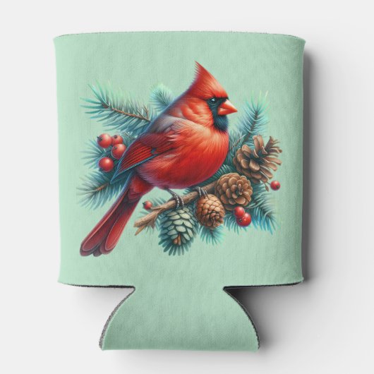 Kardinaal op dennentak met winterbessen blikjeskoeler (Achterkant)
