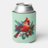 Kardinaal op dennentak met winterbessen blikjeskoeler (Blikje Achterkant)