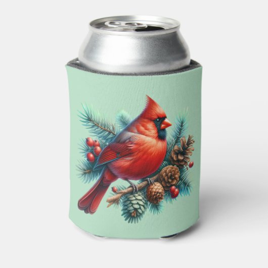 Kardinaal op dennentak met winterbessen blikjeskoeler (Blikje Achterkant)