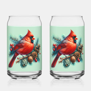 Kardinaal op dennentak met winterbessen blikvorm glas